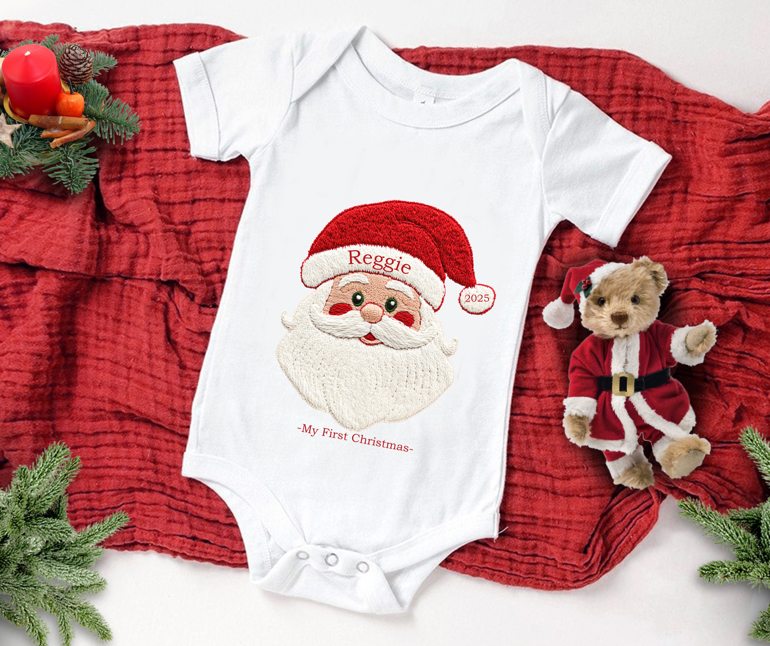 Embroidery style Santa face baby vest