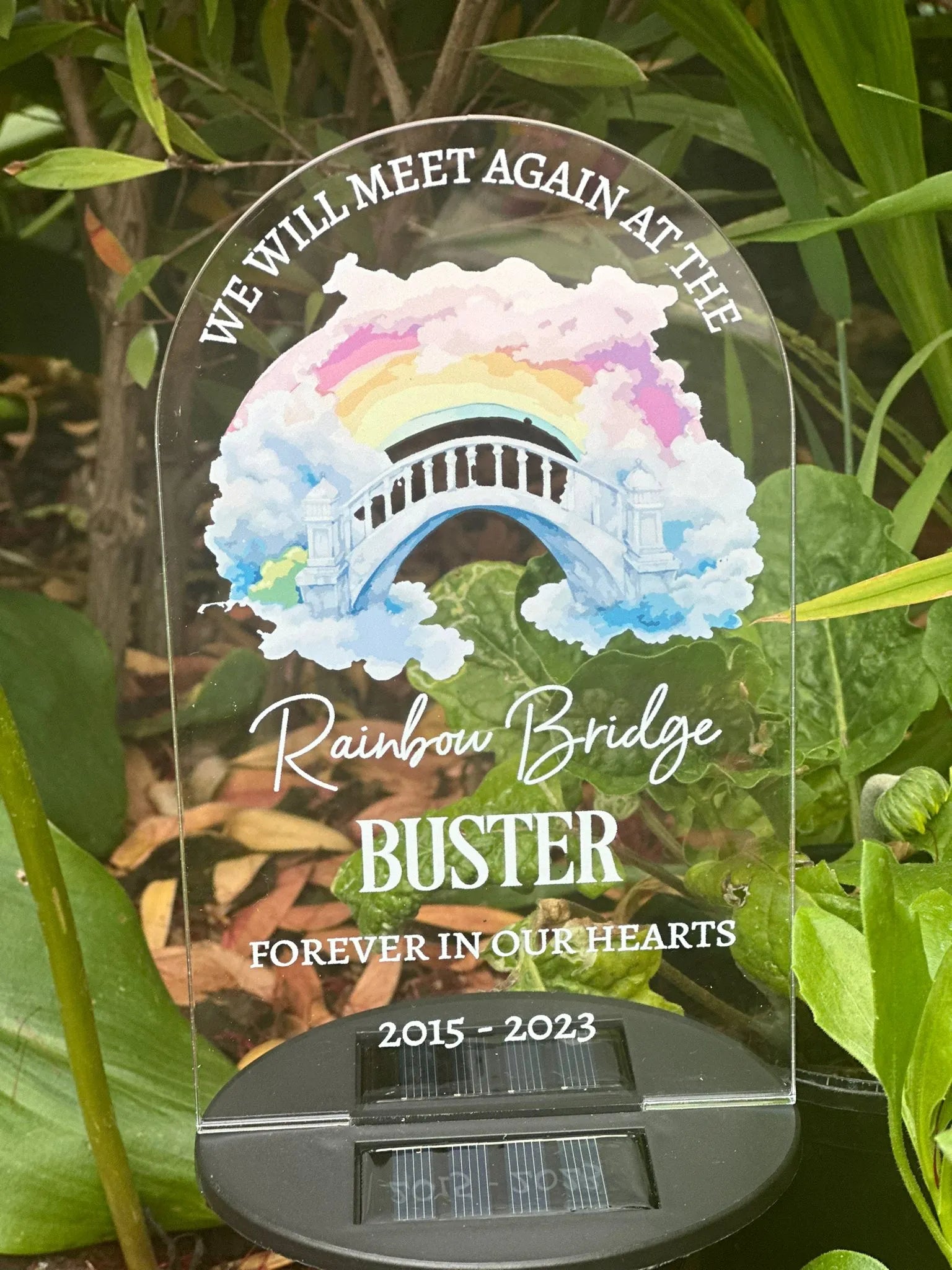 Personalised We Will Meet Again At The Rainbow Bridge – Forever In Our Hearts V1 UV Printed Memorial Garden Solar Light LED Stake