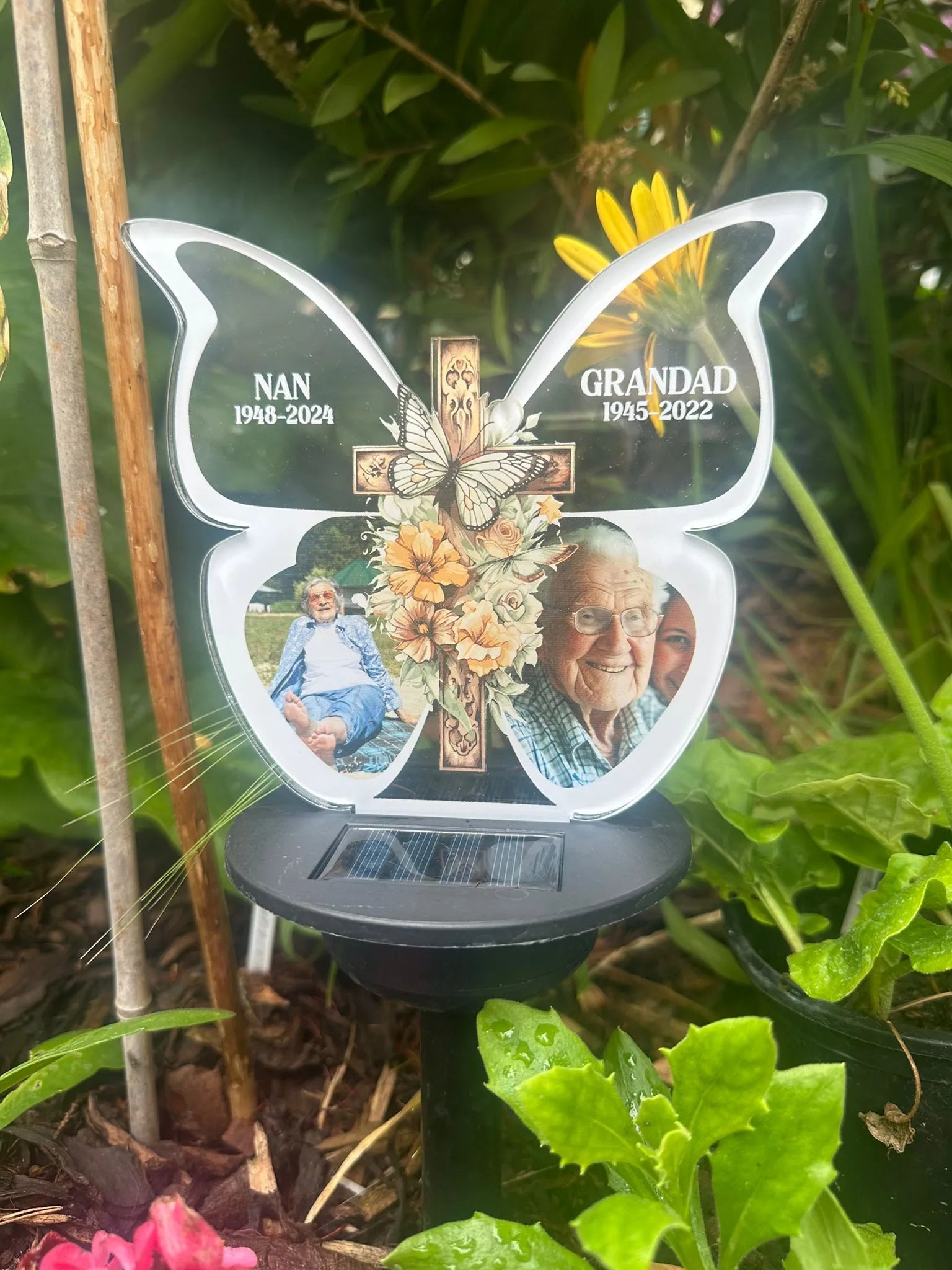 Personalised Double Photo Your Wings Were Ready But Our Hearts Were Not Butterfly Shape UV Printed Memorial Garden Solar Light LED Stake