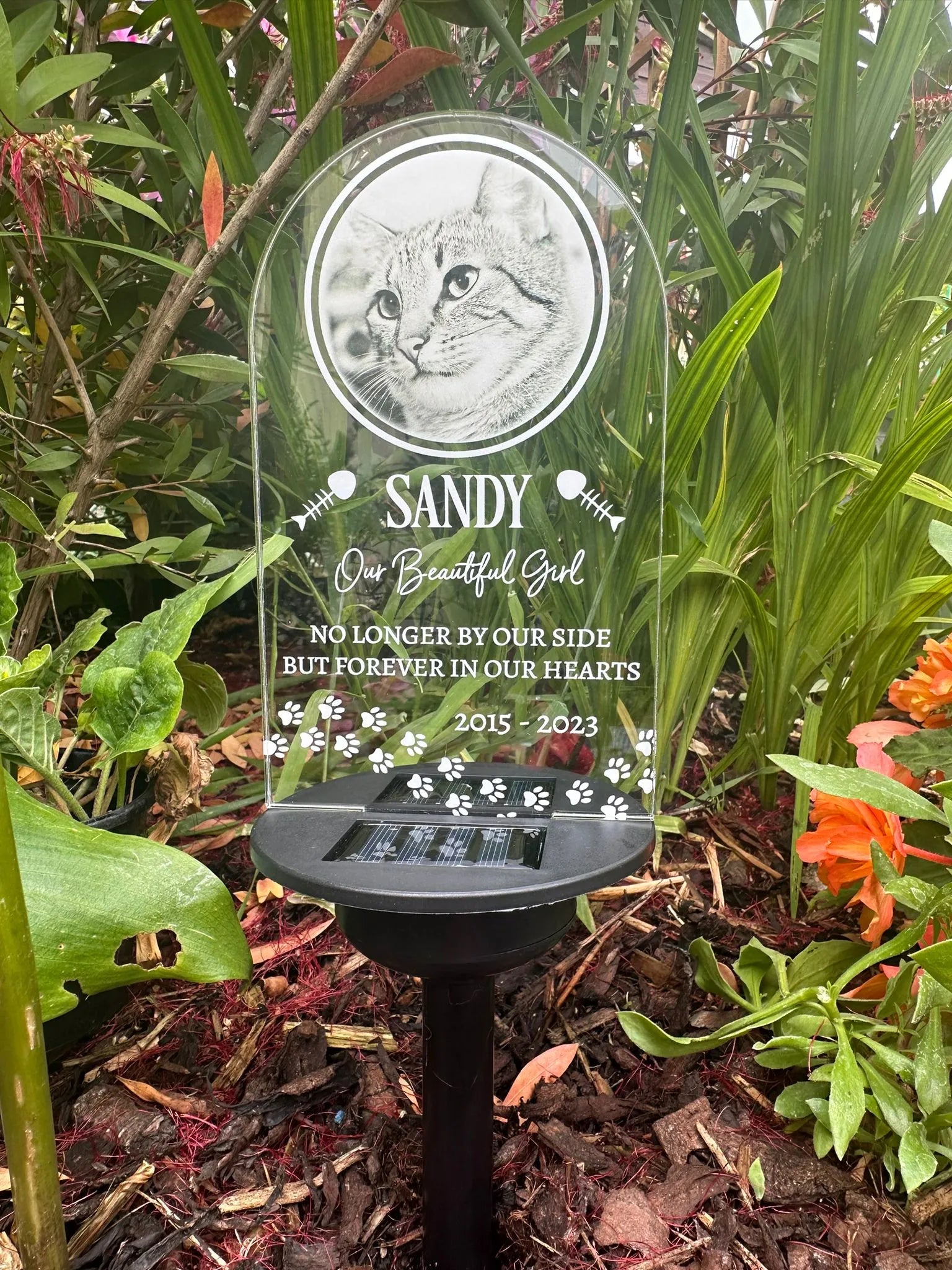 Personalised Cat Paw Print UV Printed Memorial Garden Solar Light LED Stake