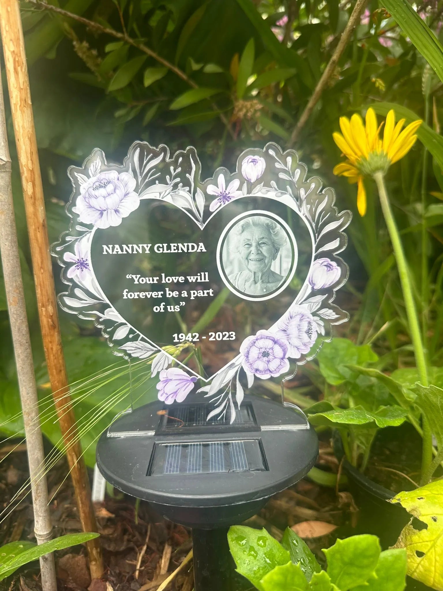 Personalised Floral Heart UV Printed Memorial Garden Solar Light LED Stake