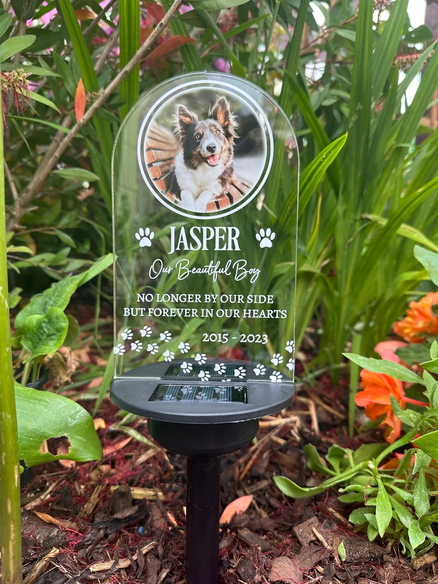 Personalised Dog Paw Prints UV Printed Memorial Garden Solar Light LED Stake