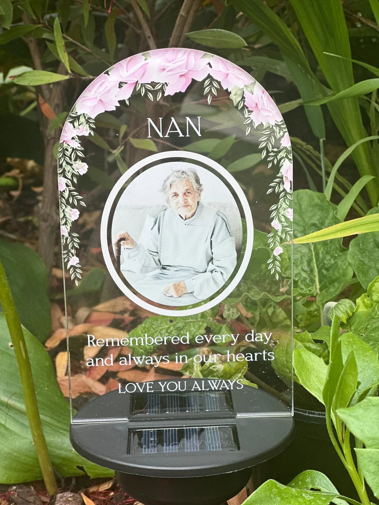 Personalised Pink Floral Remembered Every Day And Always In Our Hearts UV Printed Memorial Garden Solar Light LED Stake