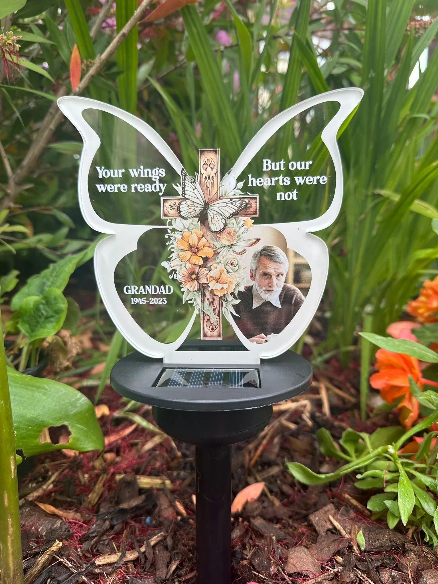 Personalised Your Wings Were Ready But Our Hearts Were Not Butterfly Shape UV Printed Memorial Garden Solar Light LED Stake
